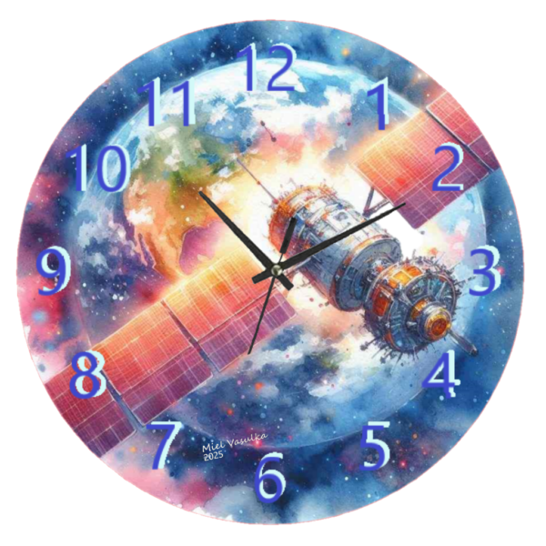 Satellite Clock featuring a sleek, space-inspired design with durable materials and an easy-to-read face, perfect for science and modern decor.