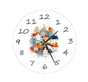 Scandi Town Clock featuring a minimalist design inspired by Scandinavian villages, with durable materials and an easy-to-read face, perfect for modern and cozy decor.