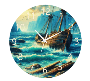 Shipwreck Clock featuring a design of a sunken ship beneath the ocean, durable materials, and easy-to-read numbers, perfect for nautical and marine-themed decor.