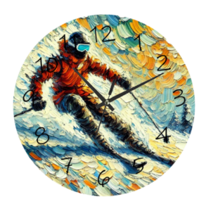 Skier Clock with a sleek, dynamic design inspired by skiing, featuring durable materials and clear, easy-to-read numbers.
