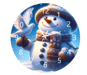 Snowman with a Dove Clock featuring a cheerful snowman and a dove, durable materials, and an easy-to-read face, perfect for winter and holiday decor.