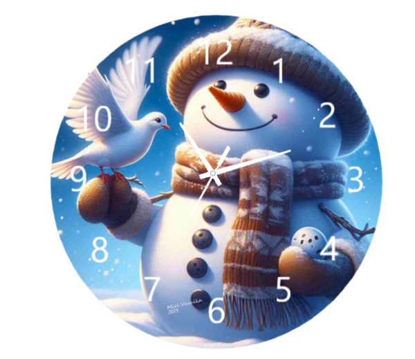 Snowman with a Dove Clock featuring a cheerful snowman and a dove, durable materials, and an easy-to-read face, perfect for winter and holiday decor.