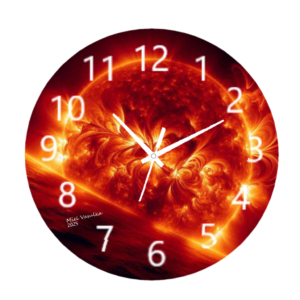 Solar Flare Clock with a radiant, cosmic design featuring fiery colors and swirling patterns, weather-resistant material, and easy-to-read numbers, perfect for indoor and outdoor spaces.