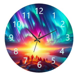 Solar Storm Clock featuring a cosmic design with vibrant colors and swirling patterns, weather-resistant material, and easy-to-read numbers, perfect for both indoor and outdoor spaces.