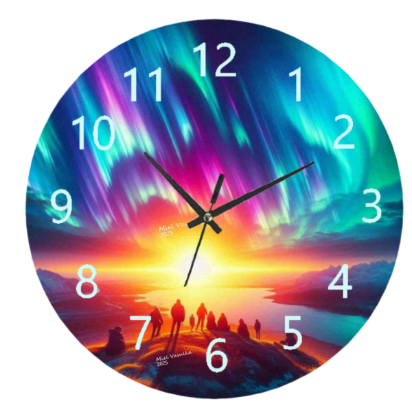 Solar Storm Clock featuring a cosmic design with vibrant colors and swirling patterns, weather-resistant material, and easy-to-read numbers, perfect for both indoor and outdoor spaces.