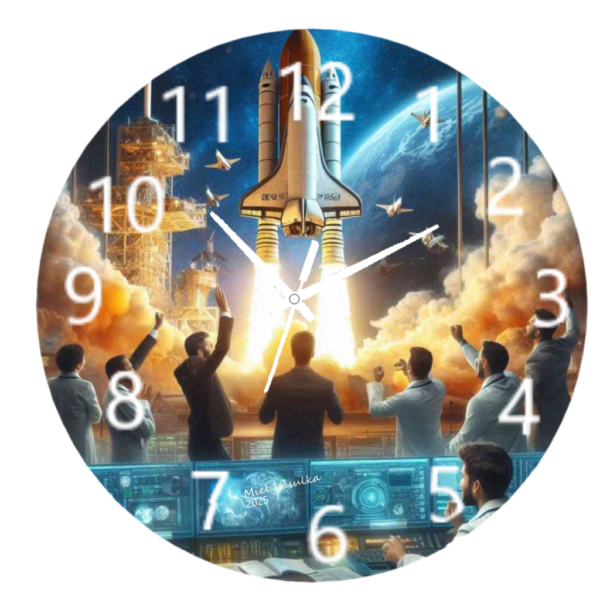 Space Launch Clock featuring a rocket taking off into the skies, with durable materials and easy-to-read numbers, perfect for space and science-themed decor.