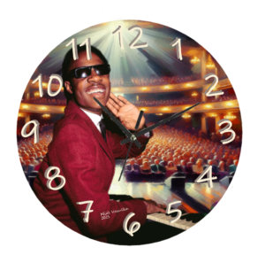 Stevie Wonder Clock featuring vibrant artwork of the iconic musician, designed for both style and functionality.