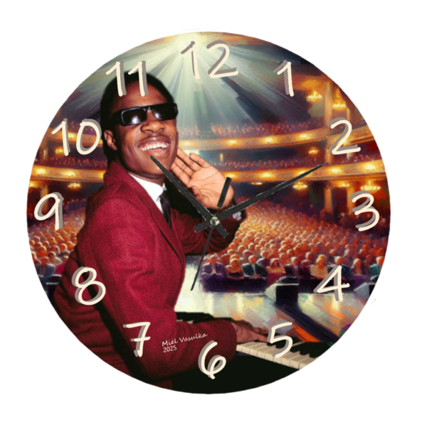 Stevie Wonder Clock featuring vibrant artwork of the iconic musician, designed for both style and functionality.