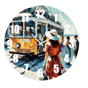 Streetcar Clock with a design showcasing a vintage streetcar, durable materials, and an easy-to-read face, perfect for urban or vintage decor.