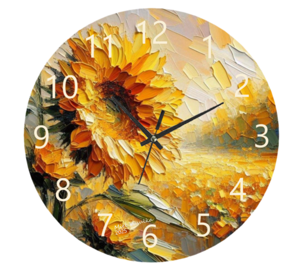 Sunflowers Clock featuring a vibrant sunflower design, weather-resistant material, and easy-to-read numbers, perfect for both indoor and outdoor spaces.