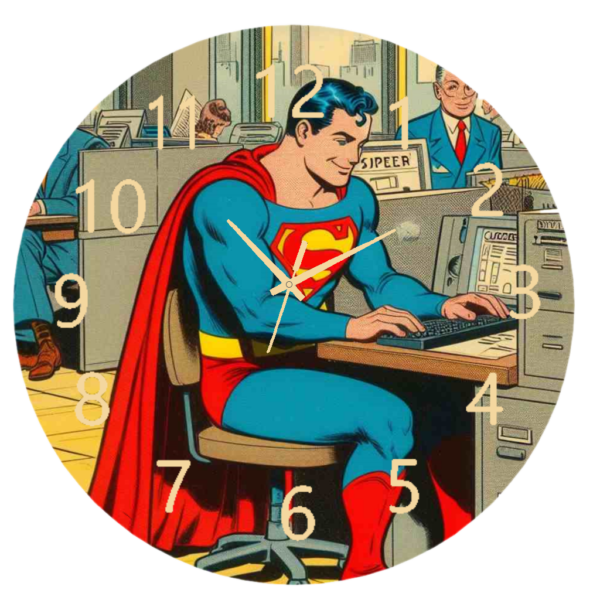 Superman at a Desk Clock featuring Superman sitting at a desk, designed for superhero fans and offices, with an easy-to-read face and durable materials.