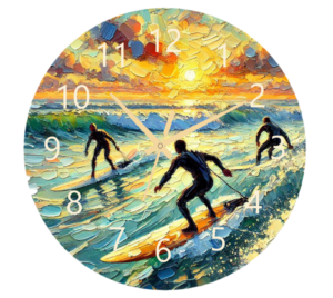 Surfer Clock featuring an ocean-inspired design with durable materials and easy-to-read numbers, perfect for beach lovers and surfers.