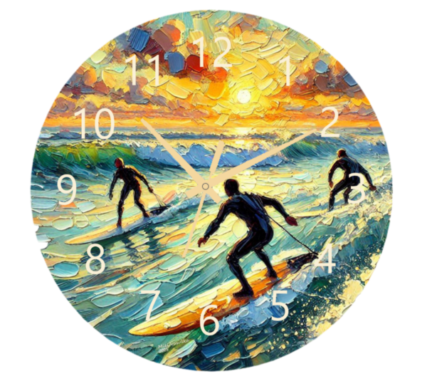 Surfer Clock featuring an ocean-inspired design with durable materials and easy-to-read numbers, perfect for beach lovers and surfers.
