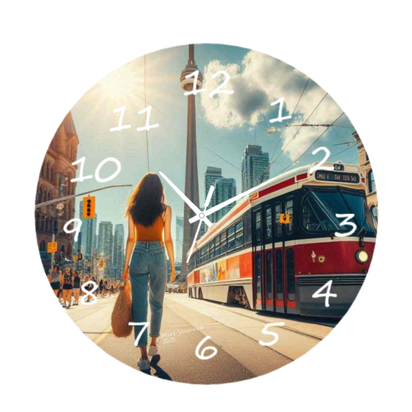Toronto Clock with a sleek cityscape design featuring the CN Tower, durable materials, and an easy-to-read face, perfect for urban or contemporary decor.
