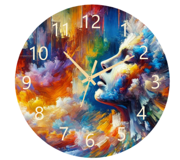 Transcend 1 Clock featuring an abstract, flowing design symbolizing growth and transformation, ideal for inspirational and motivational spaces, with a clear clock face.
