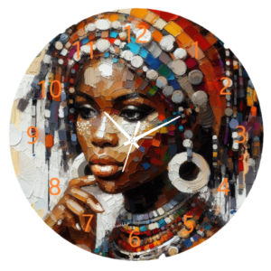 Tribal Woman Clock featuring an artistic design of a tribal woman with cultural patterns, durable materials, and an easy-to-read face, perfect for cultural or artistic decor.
