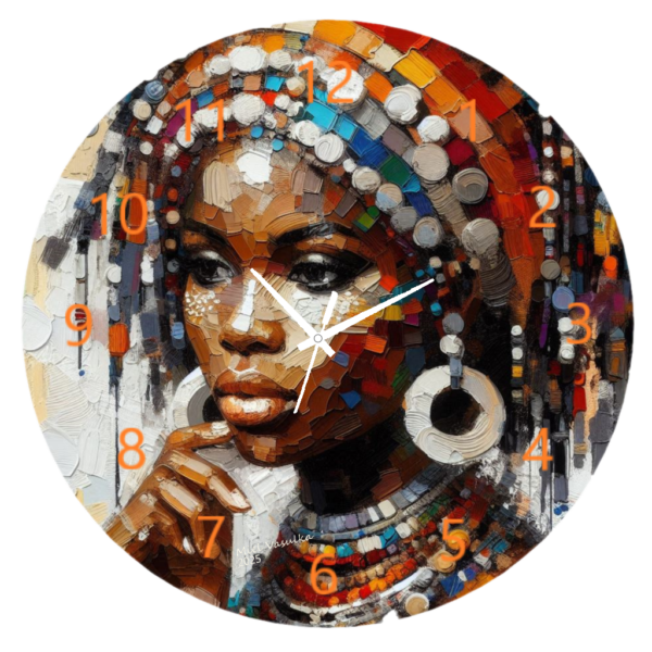 Tribal Woman Clock featuring an artistic design of a tribal woman with cultural patterns, durable materials, and an easy-to-read face, perfect for cultural or artistic decor.