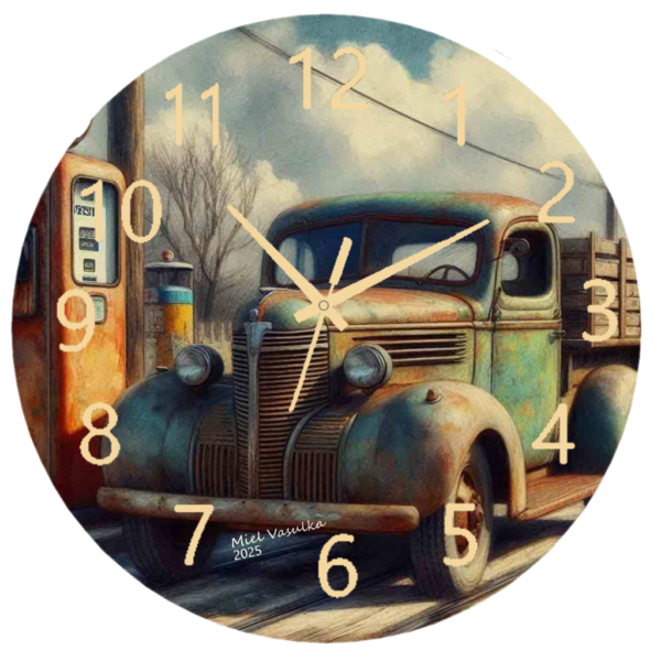 Truck Gassing Up Clock featuring a vintage truck refueling at a classic gas pump, durable materials, and an easy-to-read face, perfect for truck lovers and automotive decor.