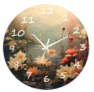 Water Lilies Clock featuring a tranquil water lily design with soft colors, weather-resistant material, and easy-to-read numbers, perfect for both indoor and outdoor spaces.
