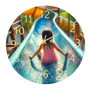 "Unique Water Slide Clock with a playful, flowing design, silent quartz movement, and vibrant colors, perfect for home or office décor.