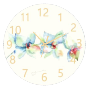 Watercolor Orchids Clock featuring a vibrant orchid design in watercolor style, weather-resistant material, and large, easy-to-read numbers, perfect for indoor and outdoor spaces.