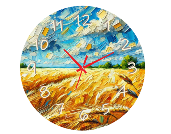 Wheat Fields Clock featuring a rustic wheat field design, weather-resistant material, and large, easy-to-read numbers, perfect for both indoor and outdoor spaces.