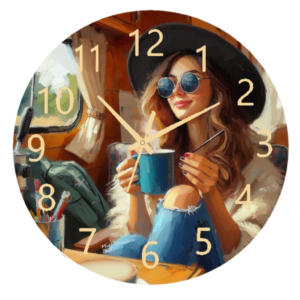 Woman with Cocoa Clock featuring a cozy design of a woman holding a steaming cup, durable materials, and easy-to-read numbers, perfect for warm and inviting spaces.