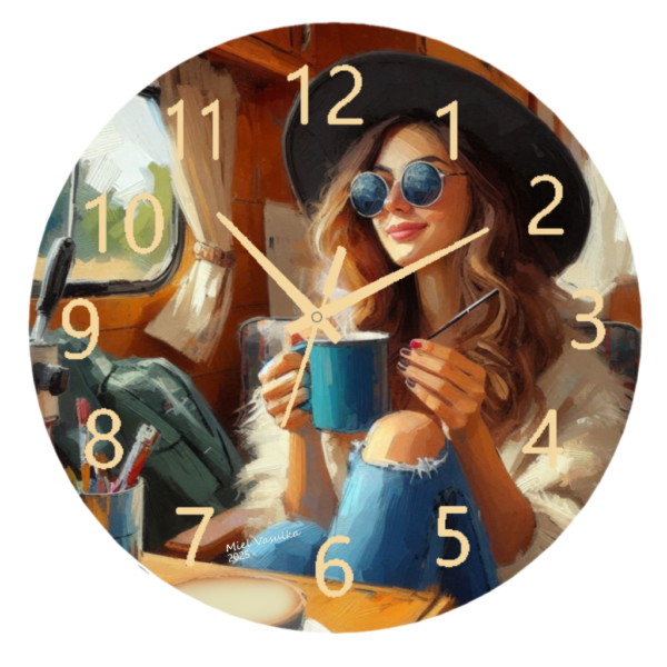 Woman with Cocoa Clock featuring a cozy design of a woman holding a steaming cup, durable materials, and easy-to-read numbers, perfect for warm and inviting spaces.