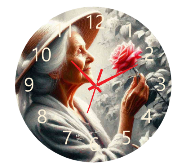 Woman with a Rose Clock featuring a serene woman holding a rose, symbolizing beauty, grace, and femininity, with a clear and functional clock face.