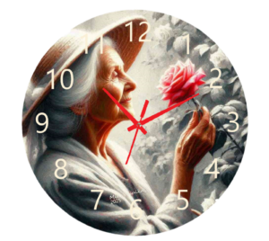 Woman with a Rose Clock featuring a serene figure of a woman holding a rose, symbolizing timeless beauty and grace, with a clear and functional clock face.