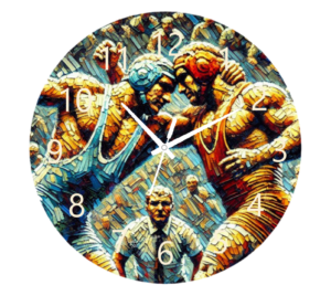 Wrestlers Clock with a dynamic design inspired by the strength and energy of wrestling, featuring easy-to-read numbers and durable materials.