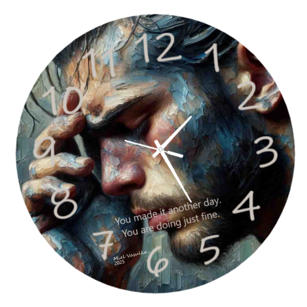 Alt text: "Motivational 'You Made It Another Day' clock with minimalist design and bold typography, featuring a silent quartz movement."