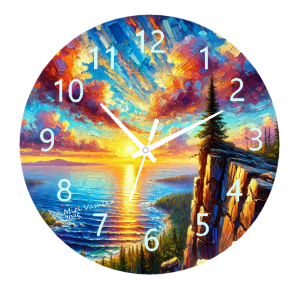 "At the Edge of a Cliff Clock featuring a breathtaking design of standing at the edge of a cliff, looking into the horizon, with an easy-to-read clock face."