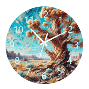 Petrified Tree Clock featuring fossilized wood textures in rich earth tones, symbolizing strength, history, and natural beauty, with a clear and functional clock face.
