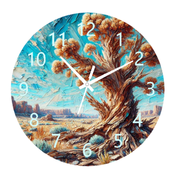 Petrified Tree Clock featuring fossilized wood textures in rich earth tones, symbolizing strength, history, and natural beauty, with a clear and functional clock face.