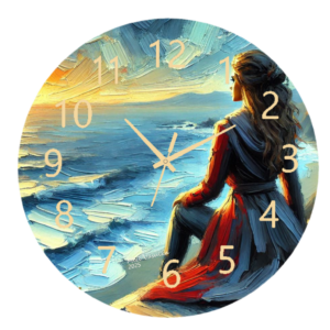 Woman Overlooking the Ocean Clock featuring a serene silhouette of a woman gazing over the ocean, ideal for peaceful and calming home decor, with a clear, functional clock face.
