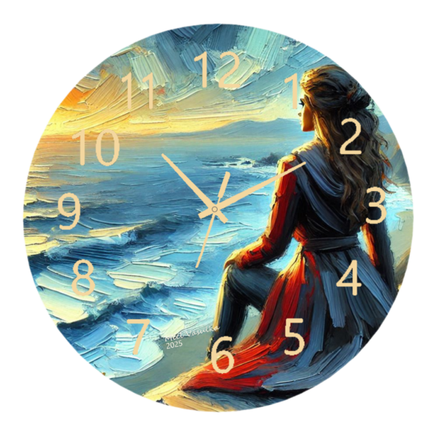 Woman Overlooking the Ocean Clock featuring a serene silhouette of a woman gazing over the ocean, ideal for peaceful and calming home decor, with a clear, functional clock face.